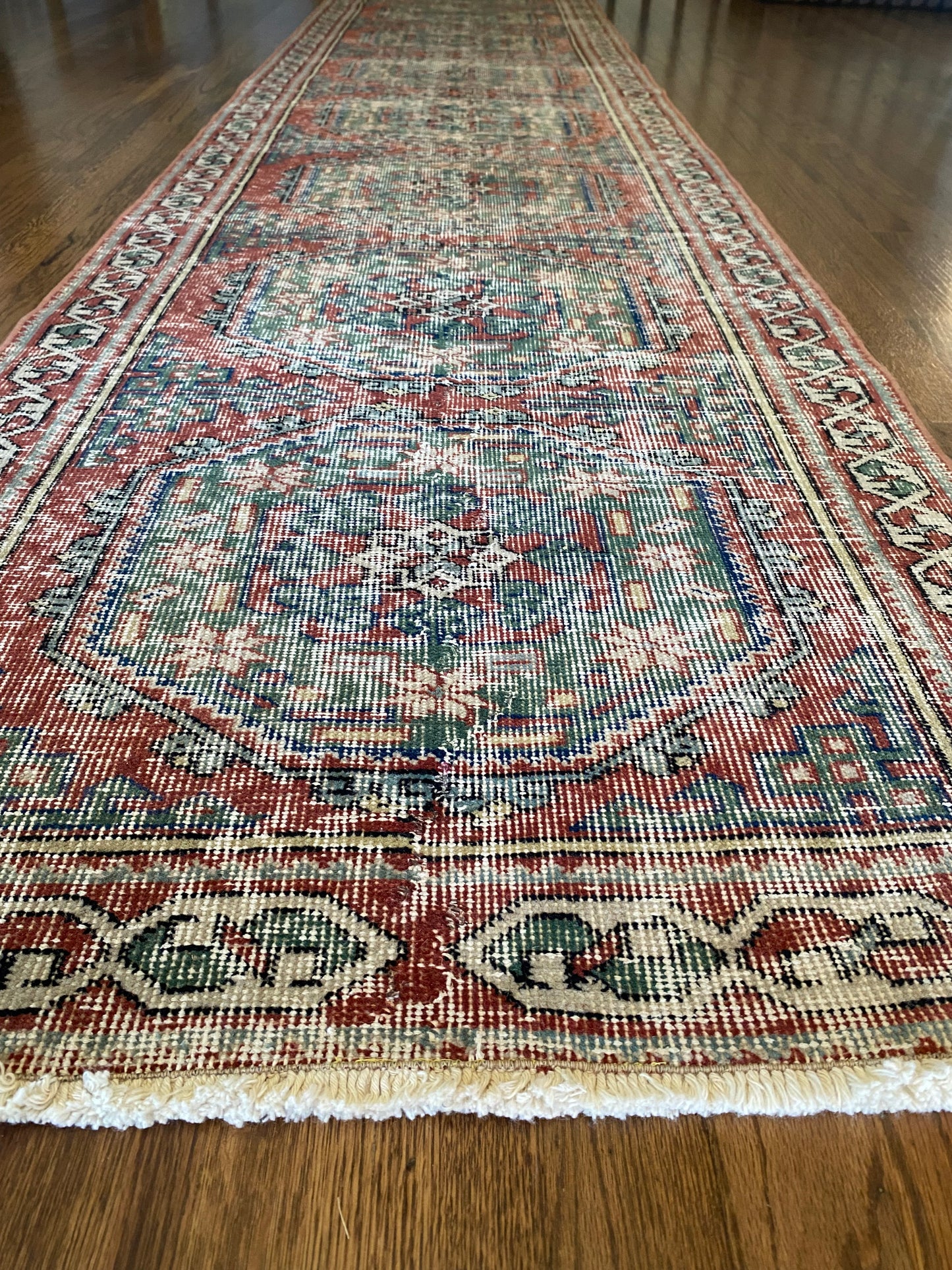 Vintage Turkish Wool Runner 2’6"x11’5" – Hand-Knotted Faded Red & Green Geometric Runner | Georgia