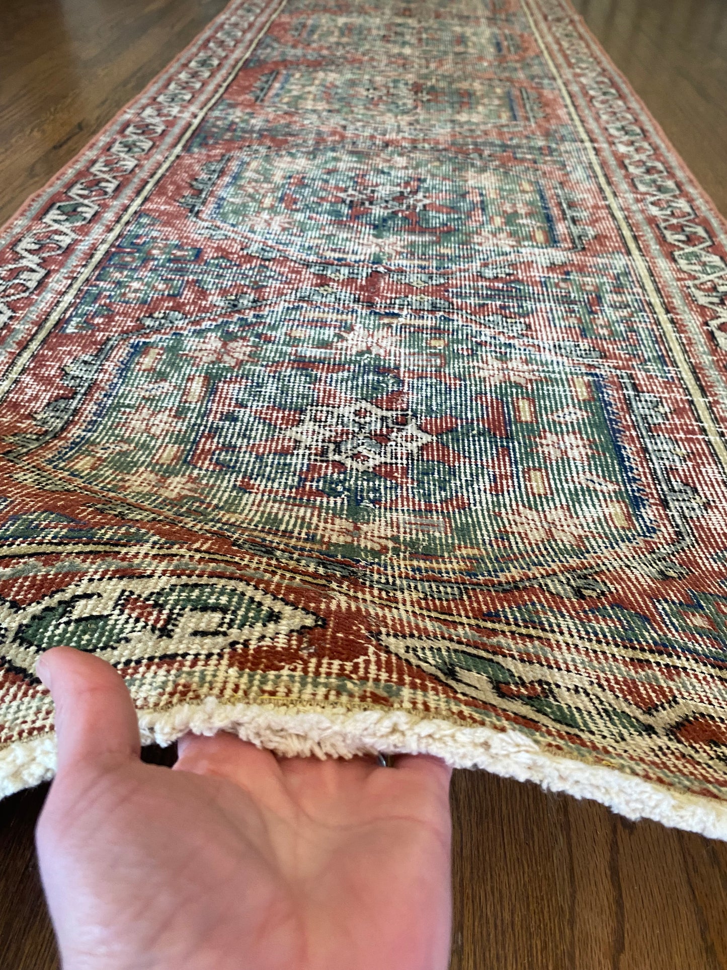 Vintage Turkish Wool Runner 2’6"x11’5" – Hand-Knotted Faded Red & Green Geometric Runner | Georgia
