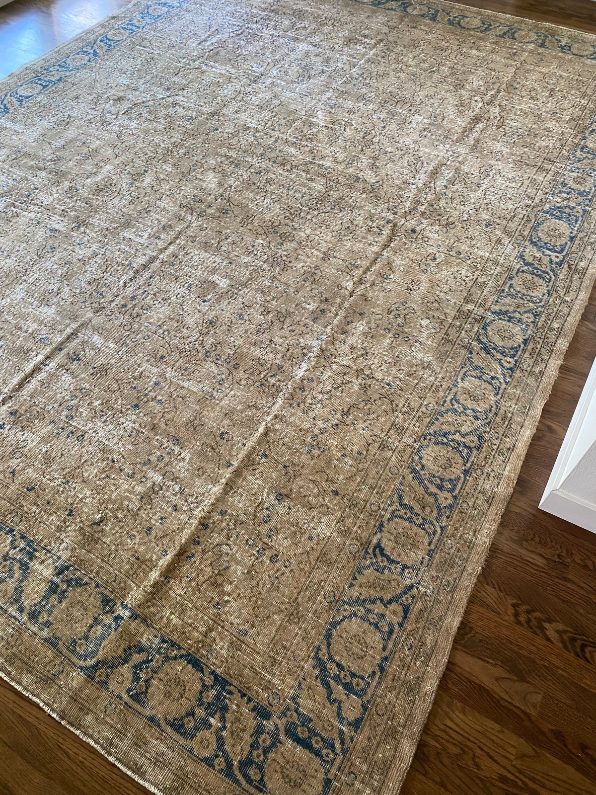 Vintage Turkish Wool Area Rug 9’7”x13’– Hand-Knotted Neutral and Blue Rug | Penny
