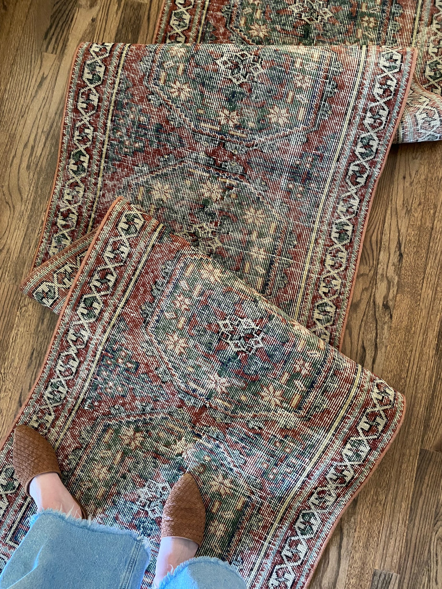 Long narrow runner rug 2x11 red and green palette
