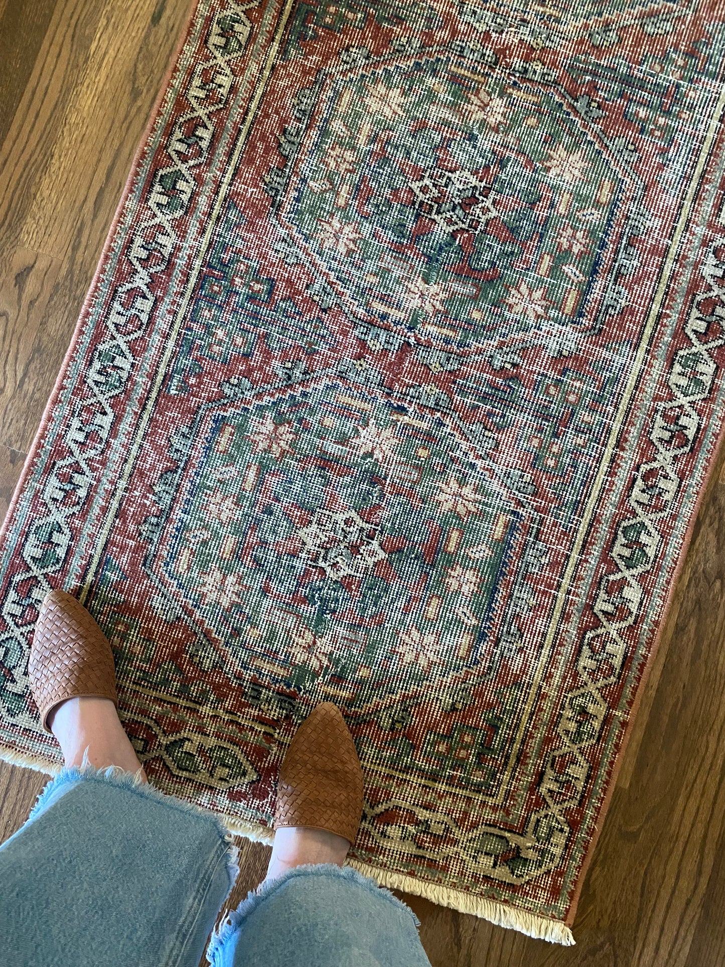Vintage hallway runner wool rug warm color palette
