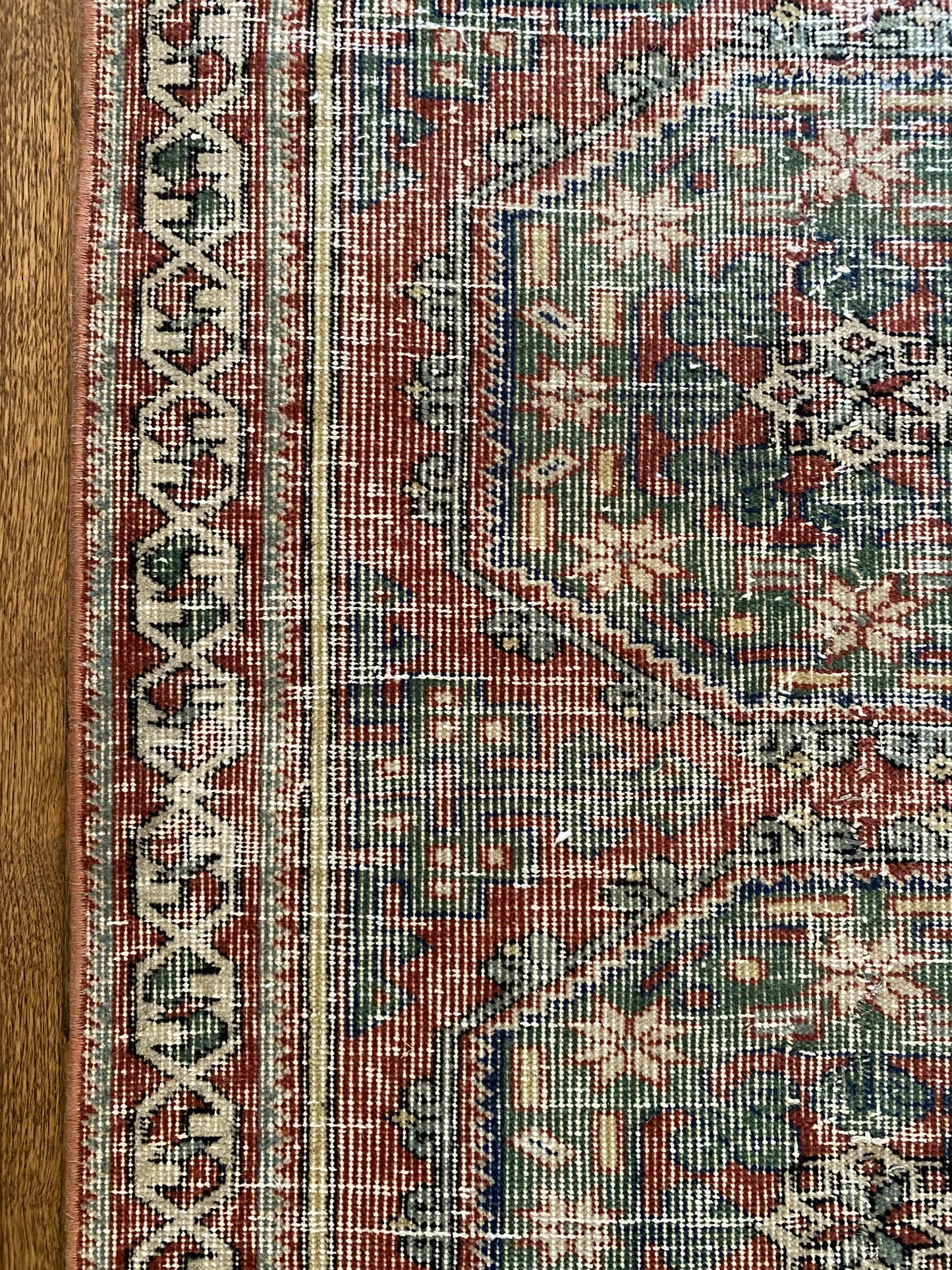 Vintage Turkish Wool Runner 2’6"x11’5" – Hand-Knotted Faded Red & Green Geometric Runner | Georgia