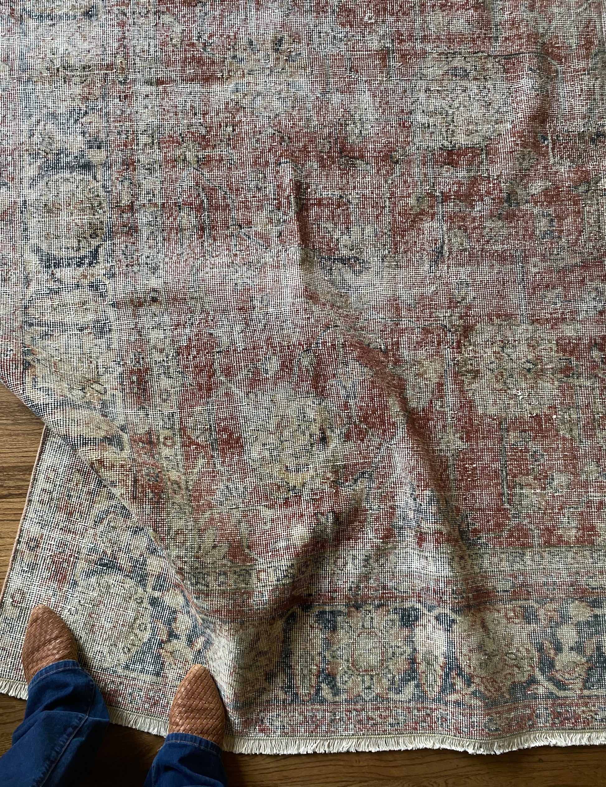 Faded red floral vintage rug hand knotted wool