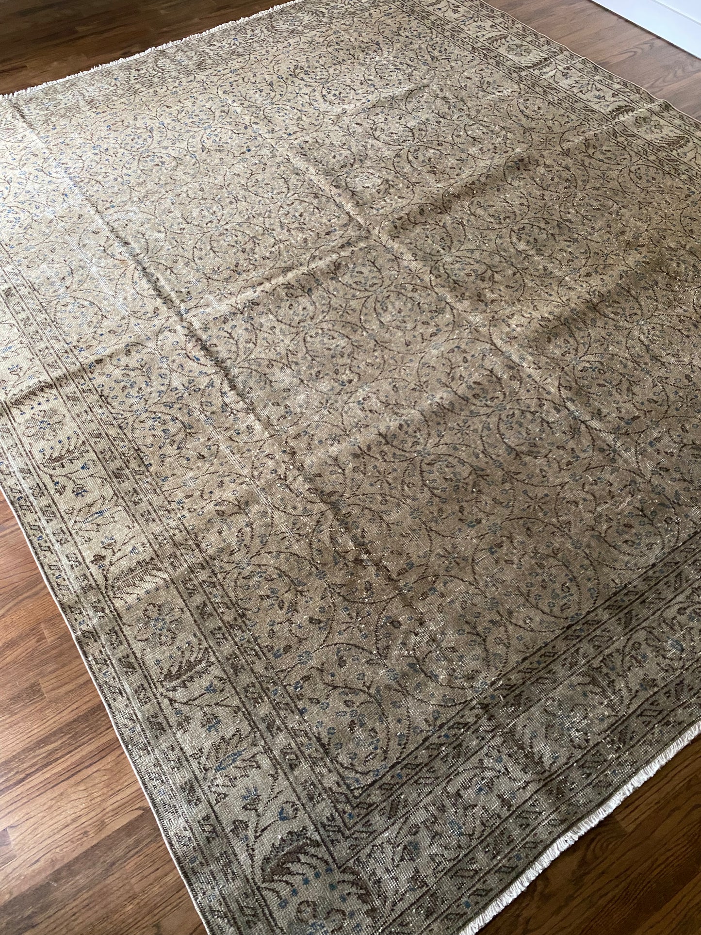 Vintage Turkish wool rug 8x10 neutral tan full view